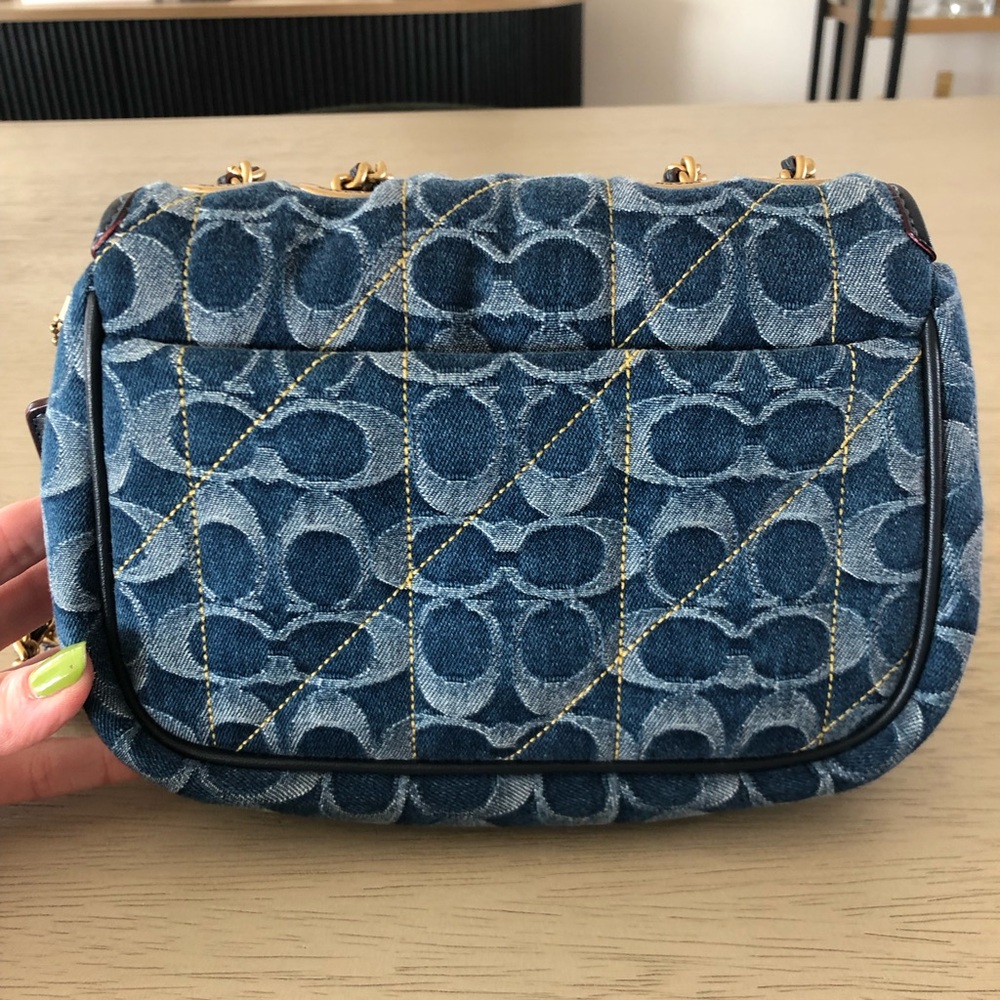 Coach Quilted Signature Denim Shoulder Bag with Chain Strap - Picture 6 of 7